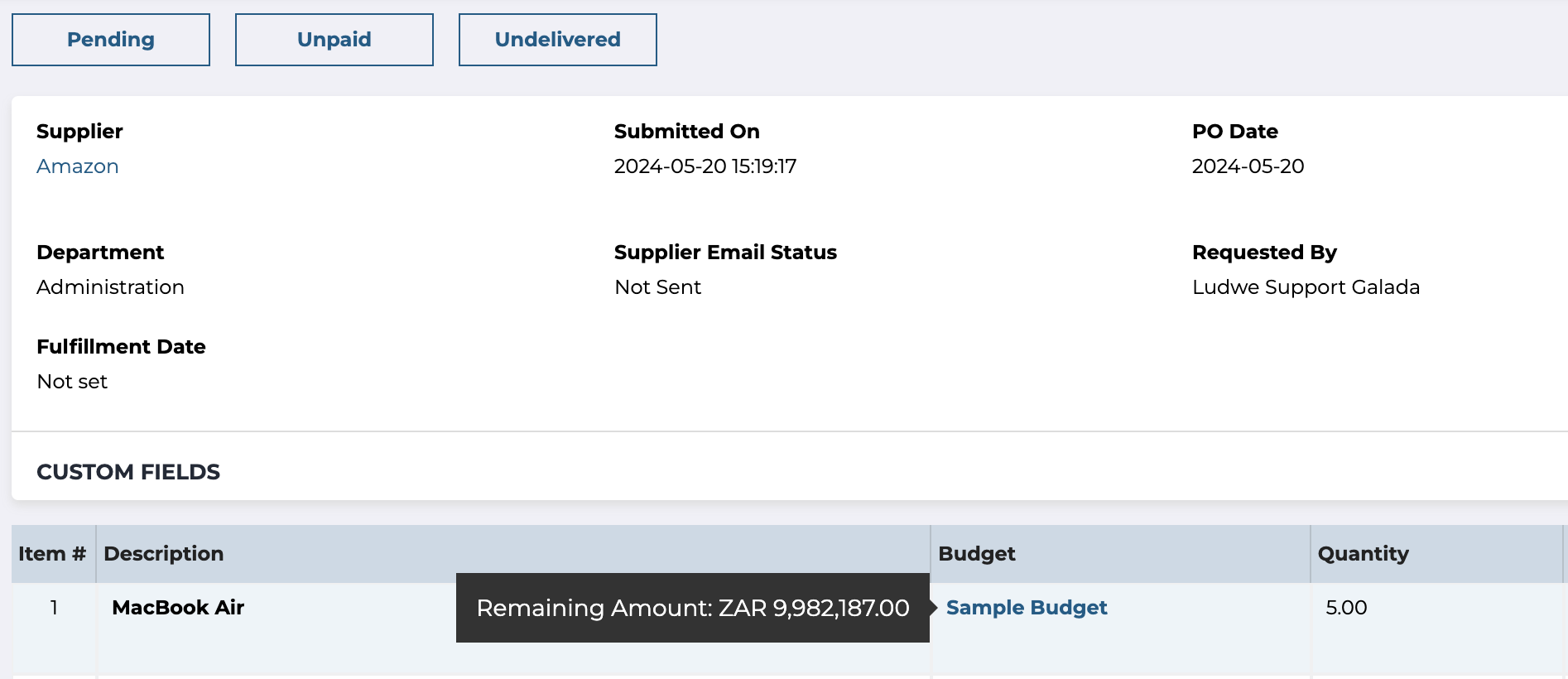 Purchase order with a tooltip showing the remaining amount in its Sample Budget
