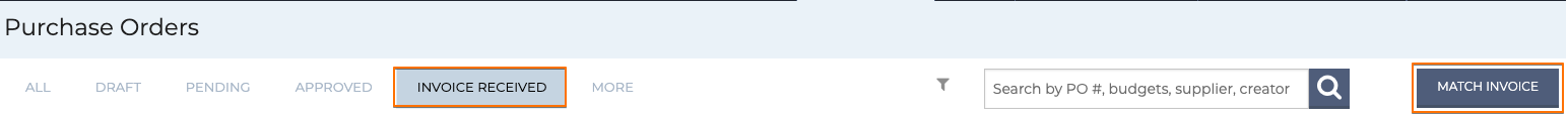purchase orders dashboard with Match invoice button