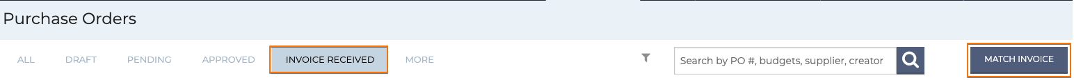 purchase orders dashboard with Match invoice button 