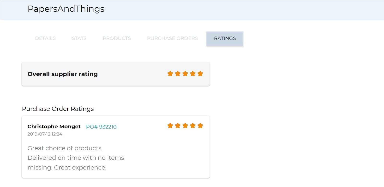 testimonials five stars rating of purchase order system