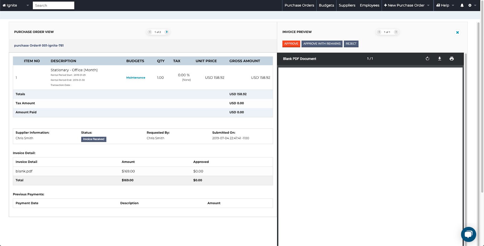 purchase order view dashboard in details