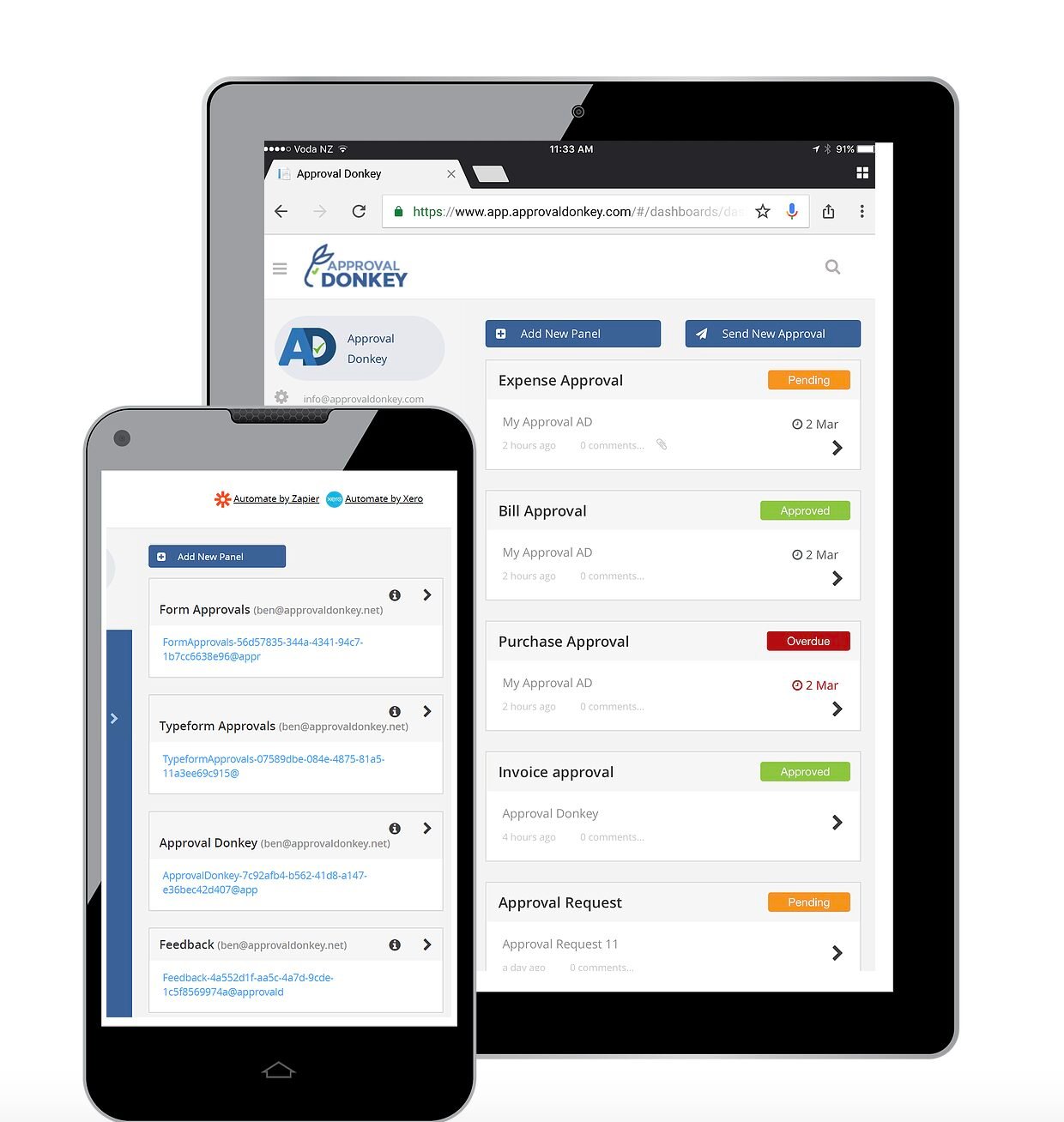 connecting PEX with Approval Donkey dashboard showing on tablet and mobile