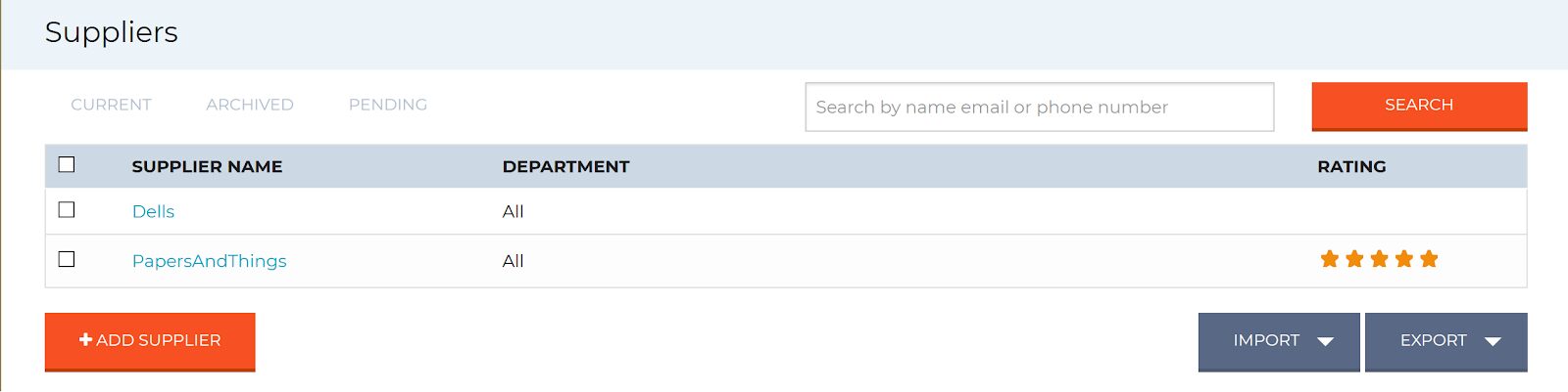 suppliers dashboard app interface