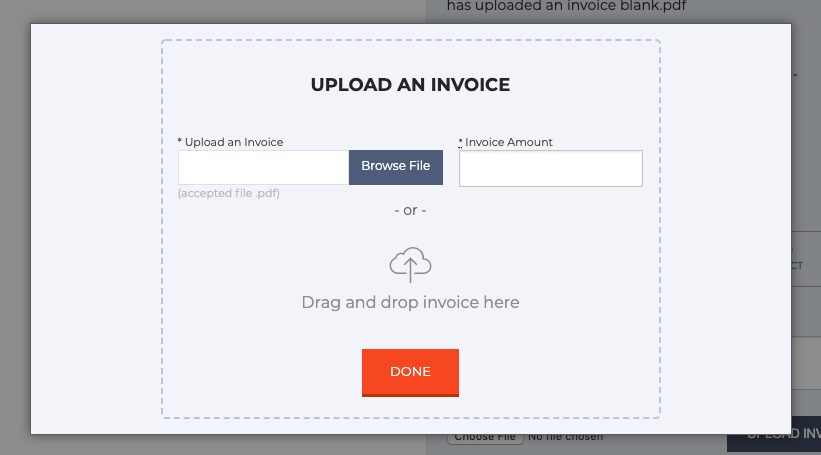 an interface dashboard to upload an invoice